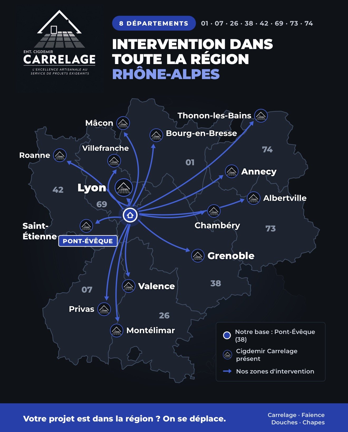 Carte de la zone d’intervention de Cigdemir Carrelage en Rhône-Alpes, depuis Pont-Évêque