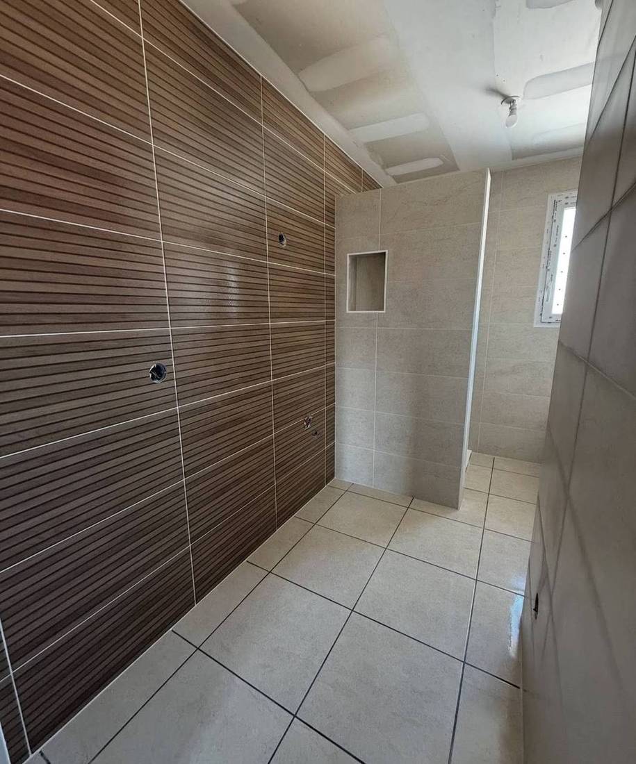 Salle de bains avec mur effet bois et niche de douche
